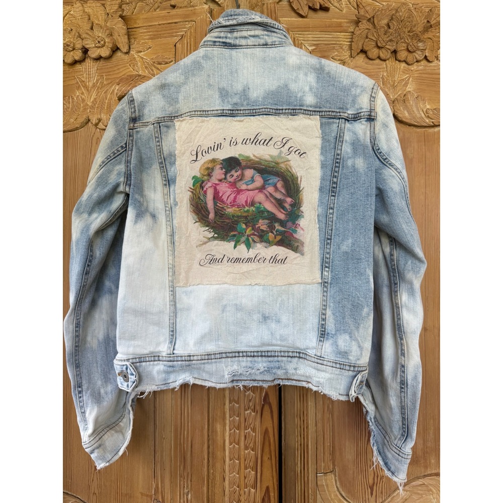 One of a Kind Bleached Distressed Denim Jacket Vintage Love Art Patch Small - Picture 11 of 13